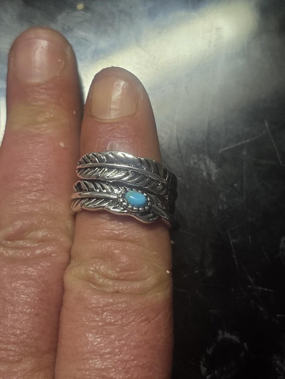 Adjustable Feather Spoon Ring With Turqoise Gemstone